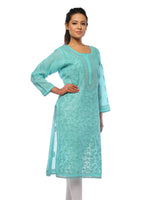 Load image into Gallery viewer, Seva Chikan Hand Embroidered Sea Green Cotton Lucknowi Chikan Kurti With Muqaish Work-SCL0600
