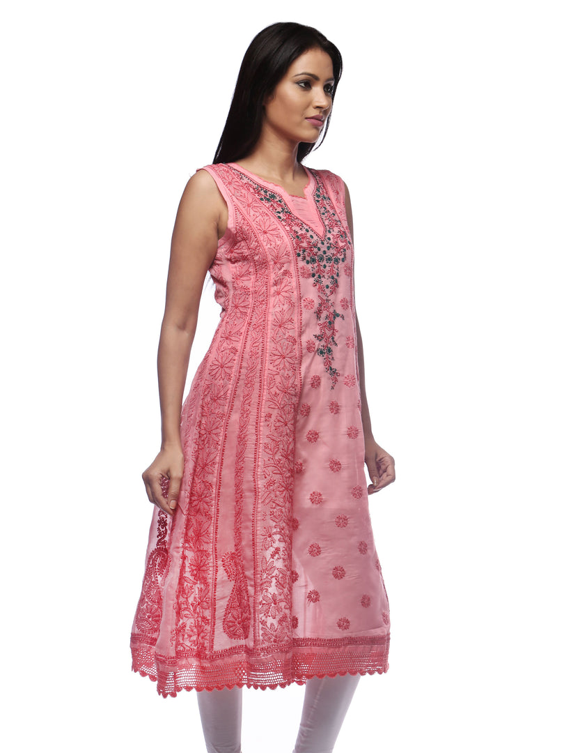 Seva Chikan Hand Embroidered Carrot Pink Cotton Lucknowi Chikankari Anarkali-SCL0235