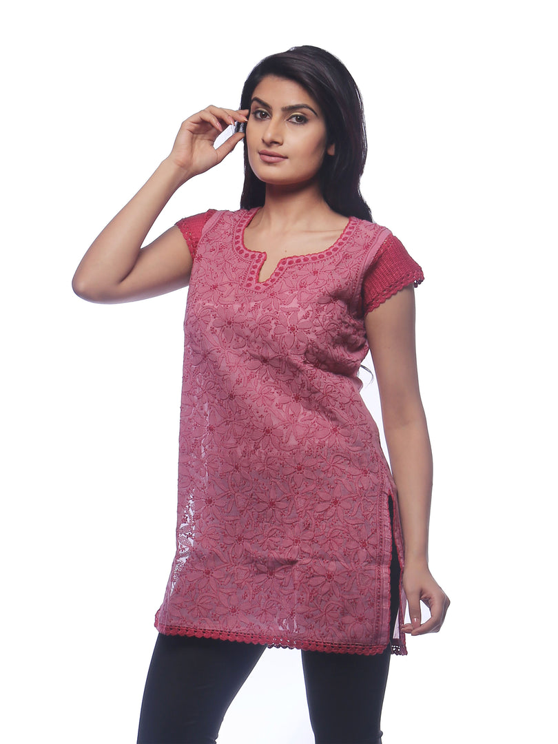Seva Chikan Hand Embroidered Onion Pink Cotton Lucknowi Chikan Kurti-SCL0330