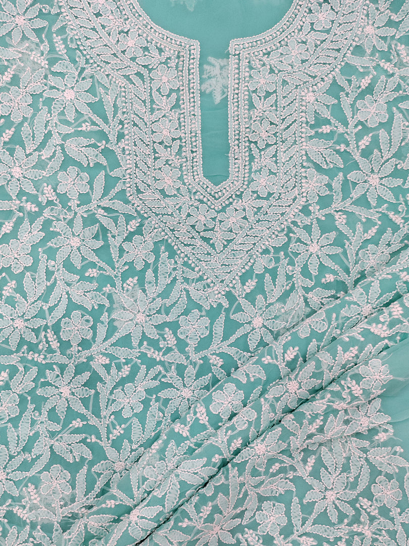 Seva Chikan Hand Embroidered Sea Green Georgette Lucknowi Chikankari Unstitched Suit Piece-SCL13134