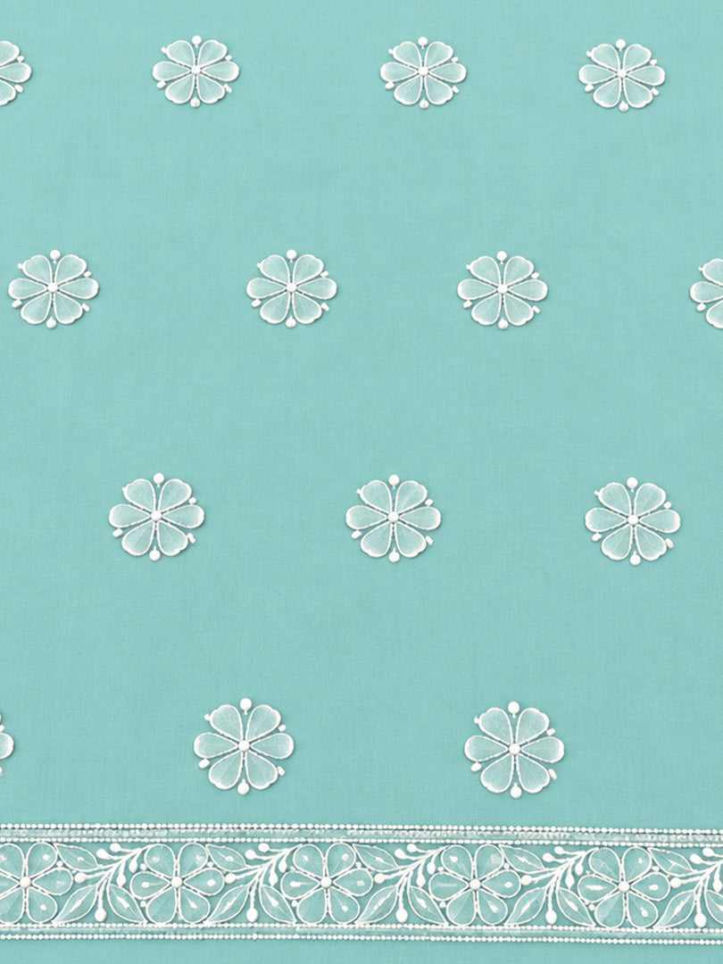 Seva Chikan Hand Embroidered Sea Green Cotton Lucknowi Chikankari Unstitched Suit Piece-SEV15031