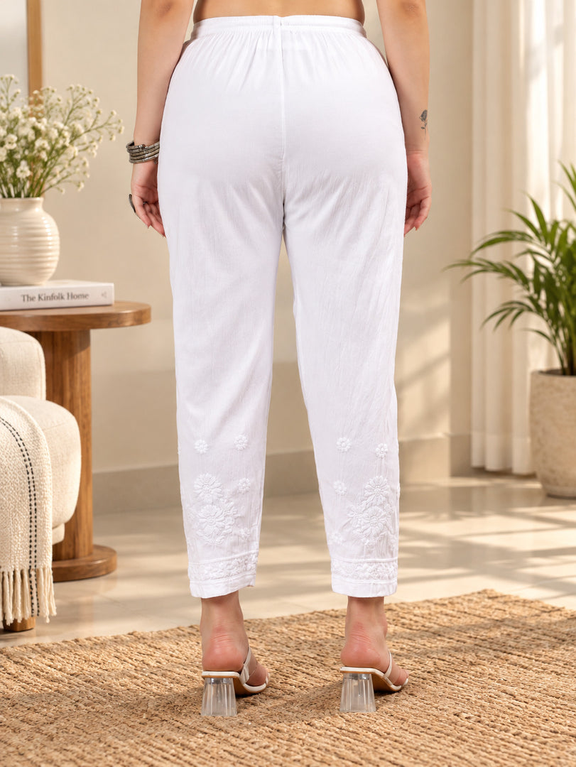 Seva Chikan Hand Embroidered White Cotton Lucknawi Chikankari Pant-SEV14000