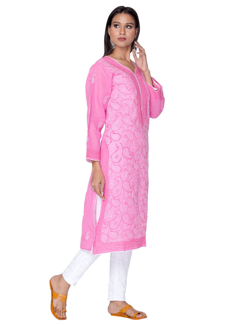 Seva Chikan Hand Embroidered Dark Pink Cotton Lucknowi Chikan Kurta-SCL0893