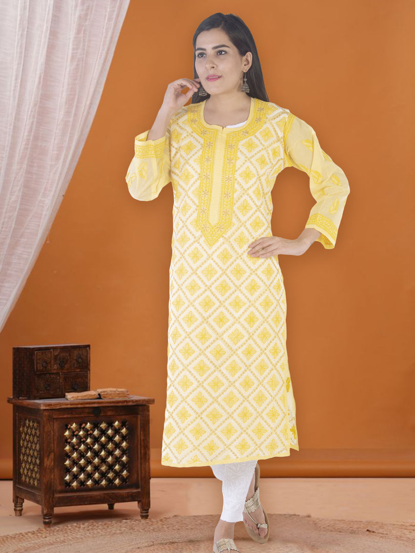Seva Chikan Hand Embroidered Yellow Cotton Lucknowi Chikan Kurti SCL1219