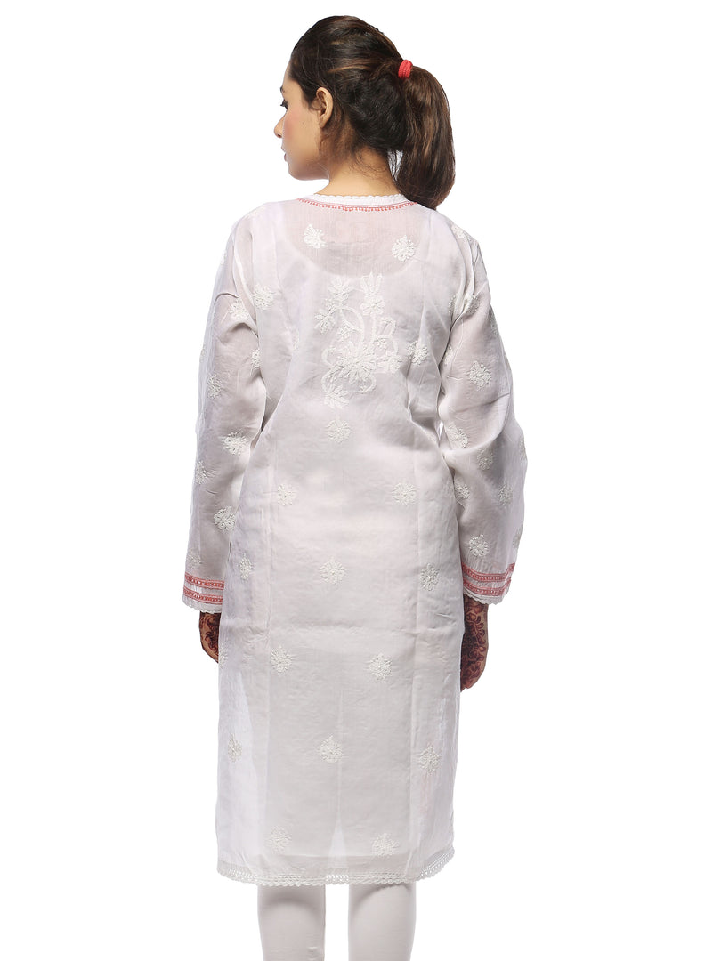 Seva Chikan Hand Embroidered White Cotton Lucknowi Chikan Kurta-SCL0669