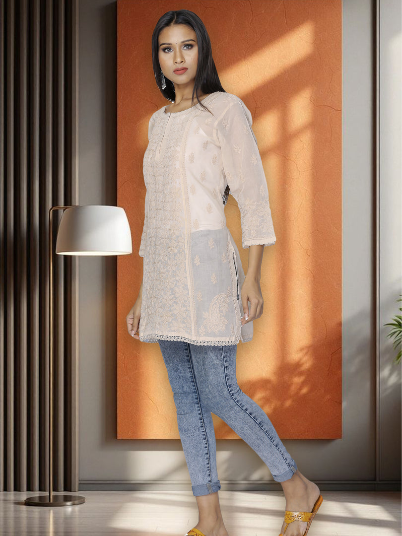 Seva Chikan Hand Embroidered Beige Cotton Lucknowi Chikan Short Kurti SCL1056