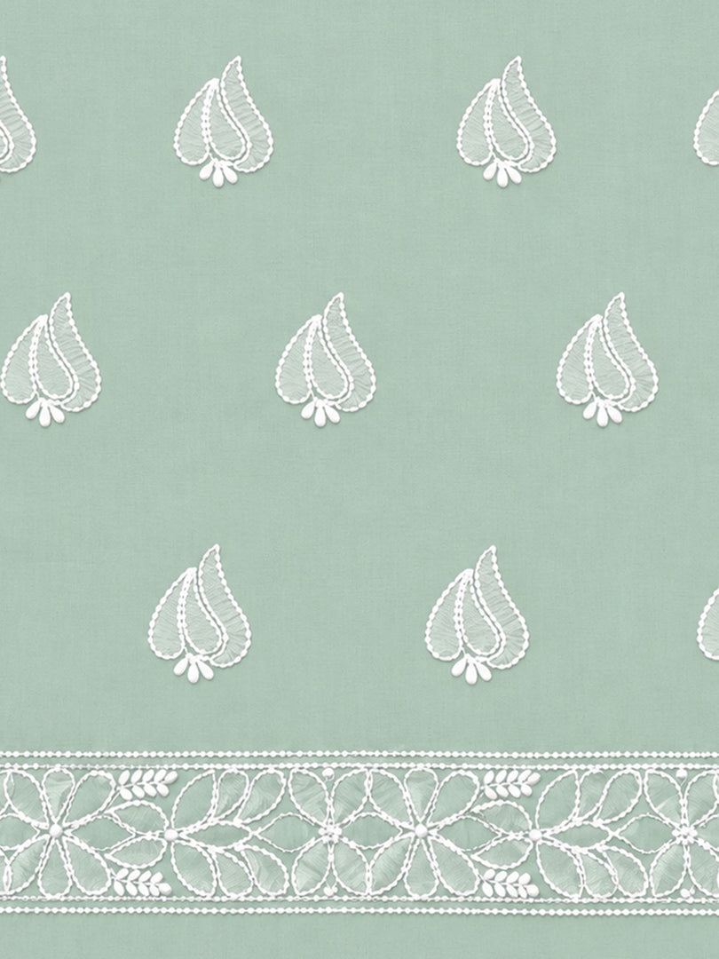 Seva Chikan Hand Embroidered Sea Green Cotton Lucknowi Chikankari Unstitched Suit Piece-SEV15037