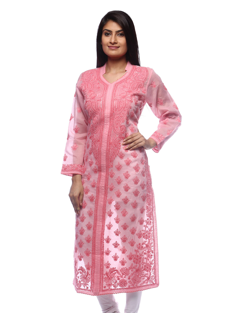 Seva Chikan Hand Embroidered Pink Cotton Lucknowi Chikan Kurti-SCL0267