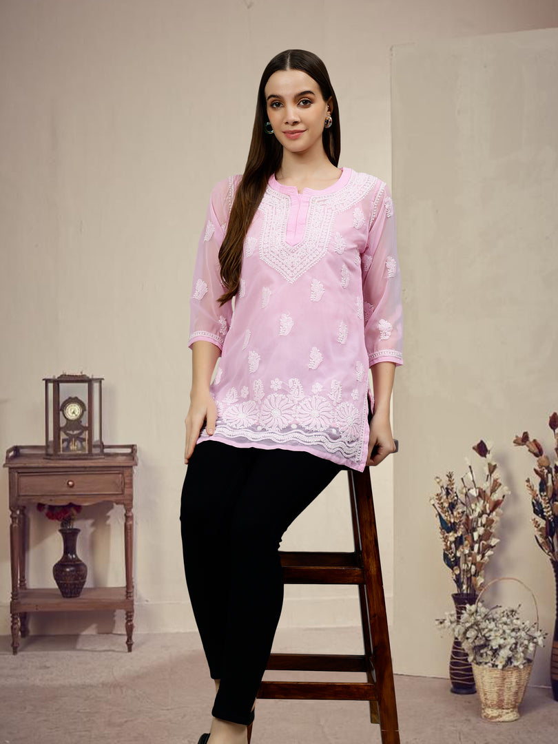 Seva Chikan Hand Embroidered Georgette Lucknowi Chikankari Top With Slip