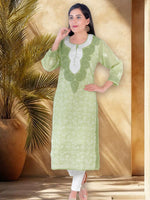 Load image into Gallery viewer, Seva Chikan Hand Embroidered Green Cotton Lucknowi Chikan Kurti SCL1231
