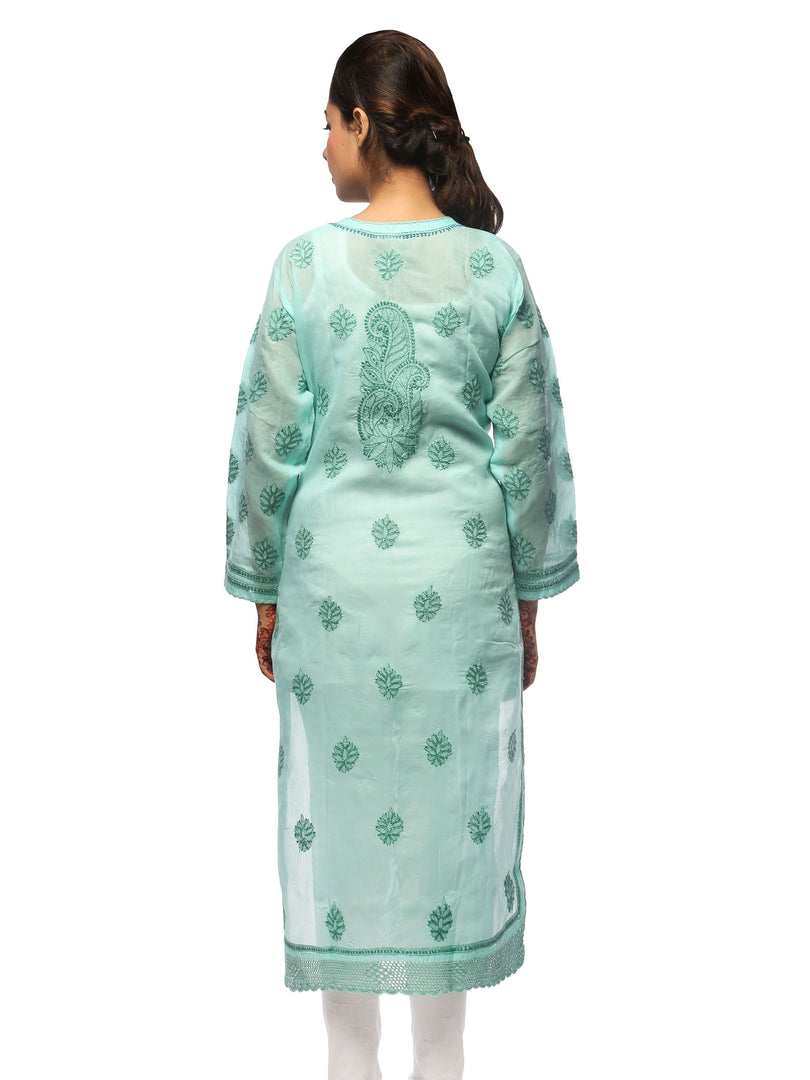 Seva Chikan Hand Embroidered Sea Green Cotton Lucknowi Chikan Kurta-SCL0655
