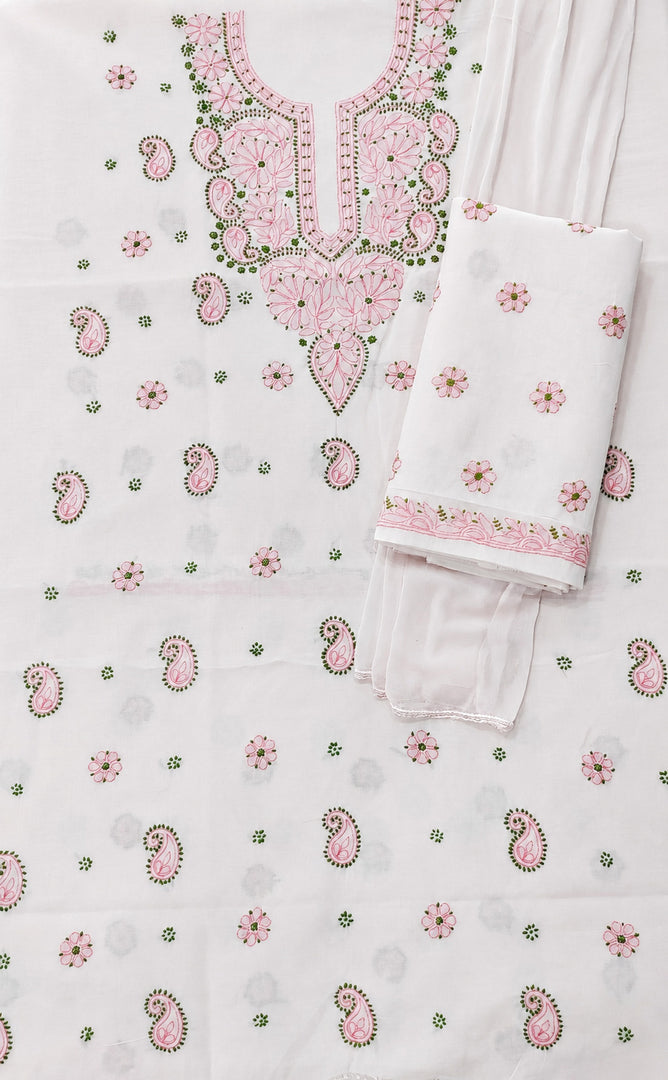 Seva Chikan Hand Embroidered Pink Cotton Lucknowi Chikankari Unstitched Suit Piece-SEV15000