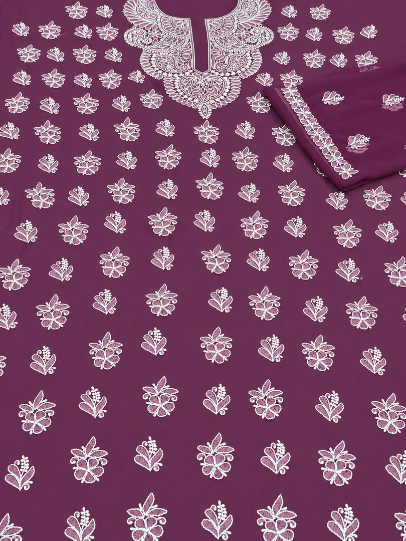 Seva Chikan Hand Embroidered Wine Georgette Lucknowi Chikankari Unstitched Suit Piece-SEV15046