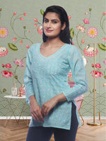Load image into Gallery viewer, Seva Chikan Hand Embroidered Turquoise Cotton Lucknowi Chikankari Short Top SCL0130
