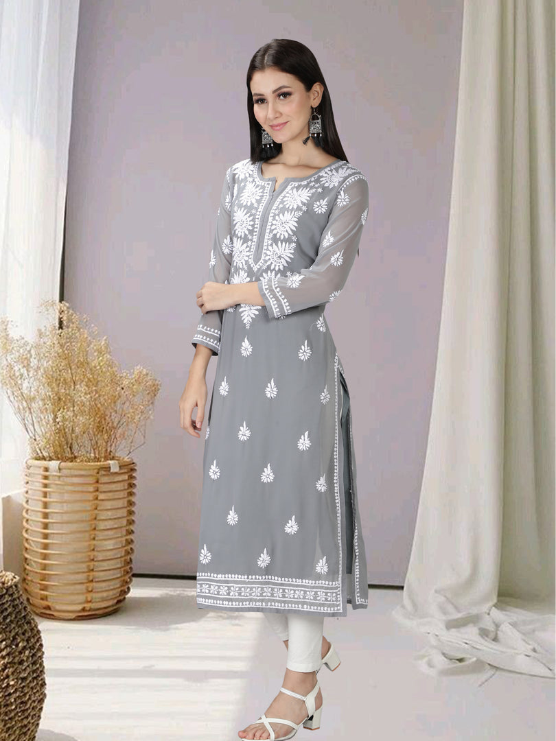 Seva Chikan Hand Embroidered Georgette Lucknowi Chikan Kurti With Slip