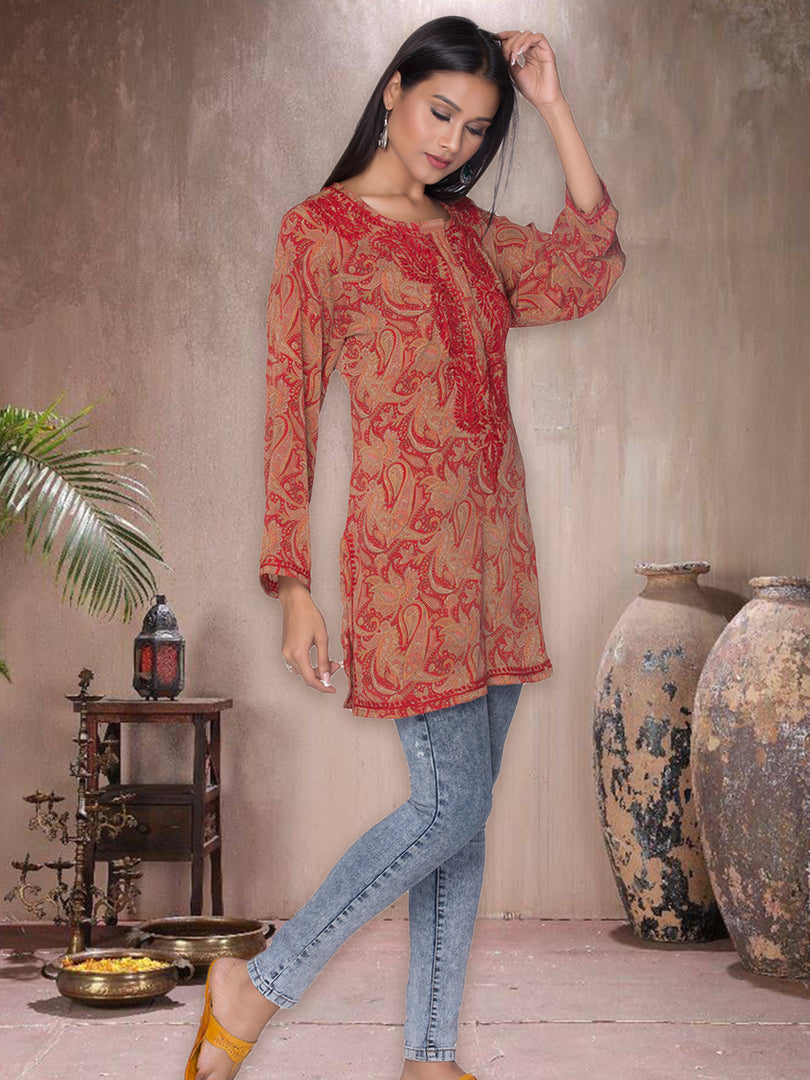 Seva Chikan Hand Embroidered Red Rayon Lucknowi Chikan Short Kurti SCL1050