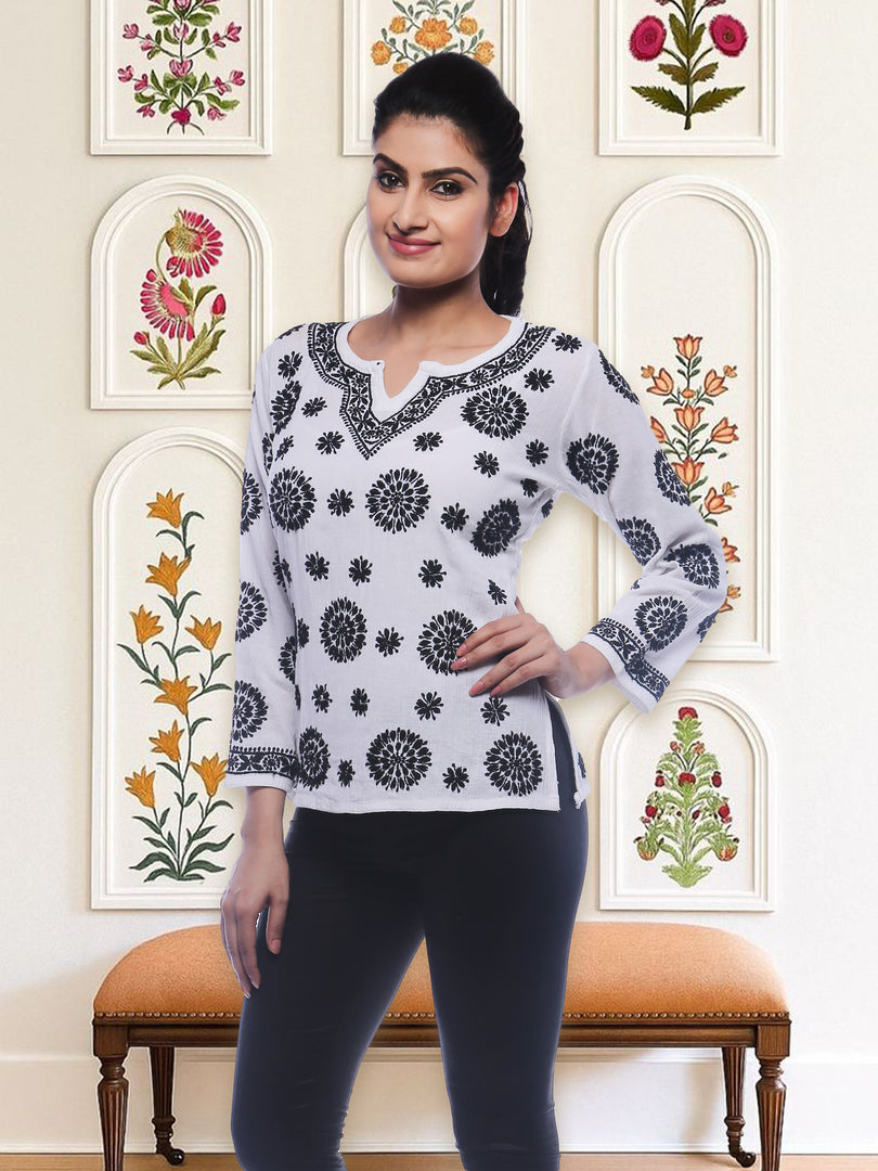 Seva Chikan Hand Embroidered White Cotton Lucknowi Chikankari Short Top SCL0139