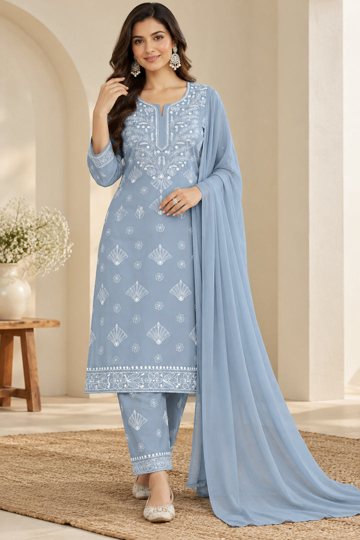 Seva Chikan Hand Embroidered Grey Terivoil Cotton Lucknowi Chikankari Unstitched Suit Piece-SCL13140
