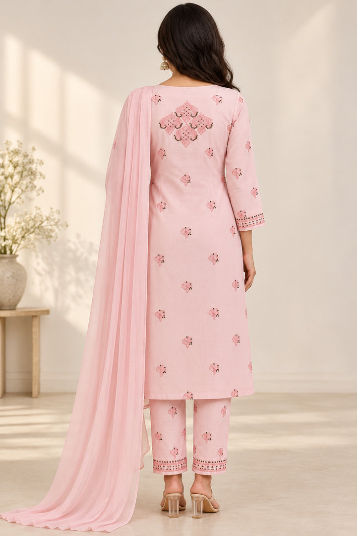 Seva Chikan Hand Embroidere Pink Terivoil Cotton Lucknowi Chikankari Unstitched Suit Piece-SEV15020