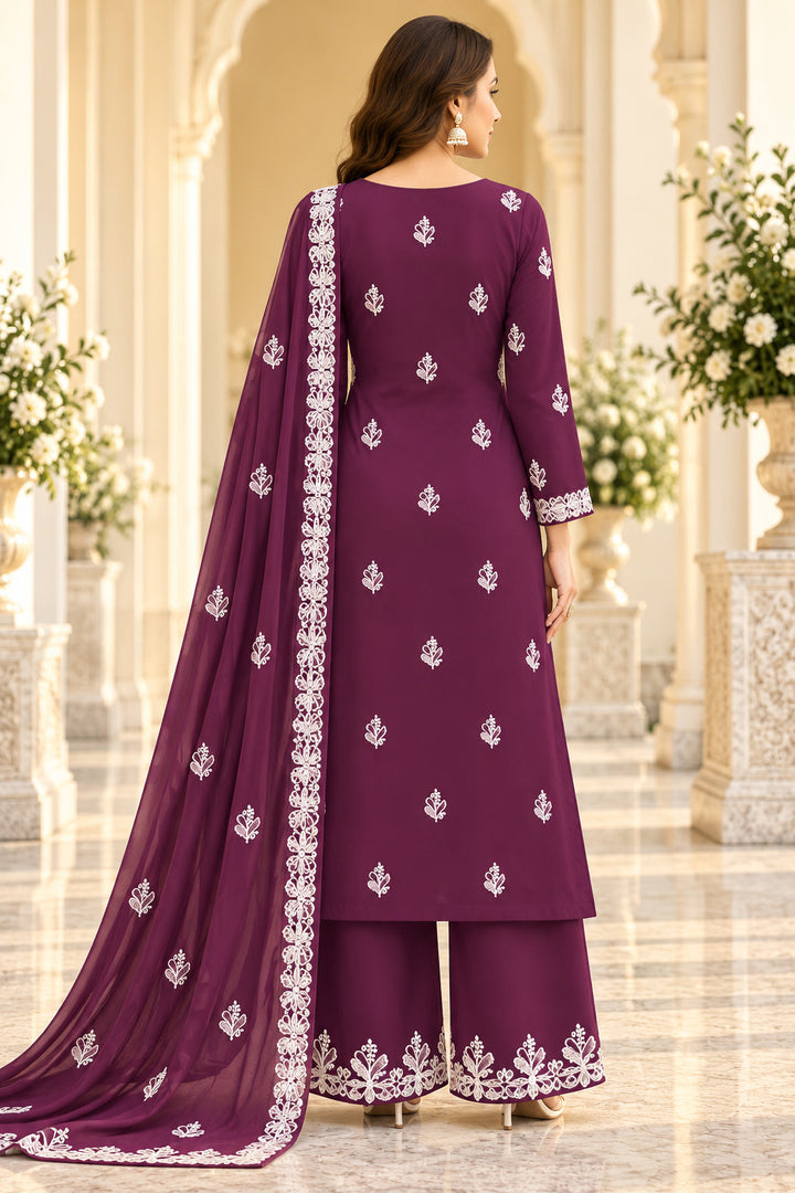 Seva Chikan Hand Embroidered Wine Georgette Lucknowi Chikankari Unstitched Suit Piece-SEV15046