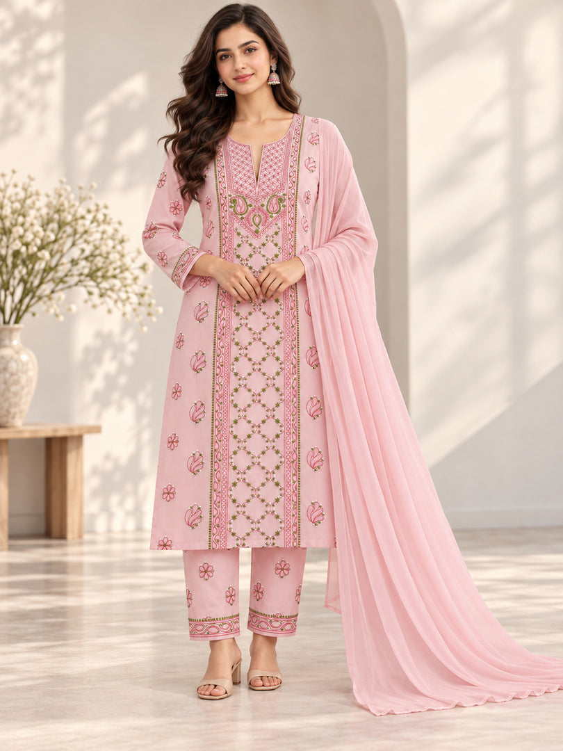 Seva Chikan Hand Embroidere Pink Terivoil Cotton Lucknowi Chikankari Unstitched Suit Piece-SEV15024