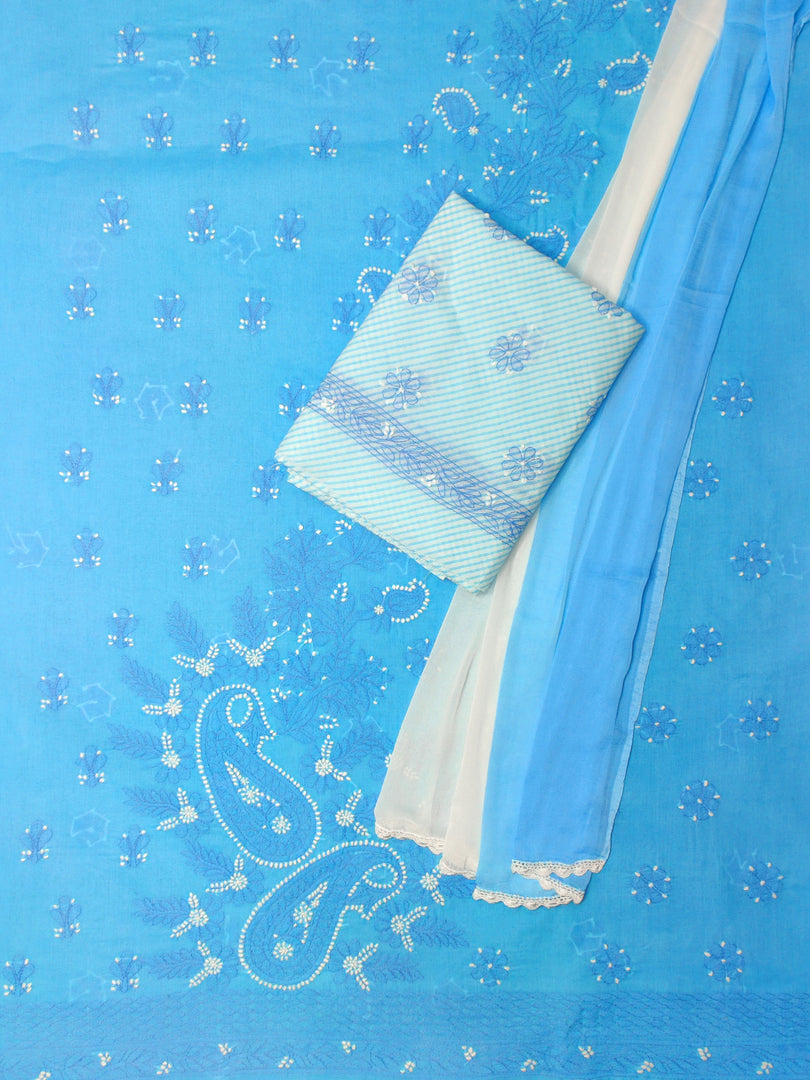 Seva Chikan Hand Embroidered Blue Terivoil Cotton Lucknowi Chikankari Unstitched Suit Piece-SCL13006