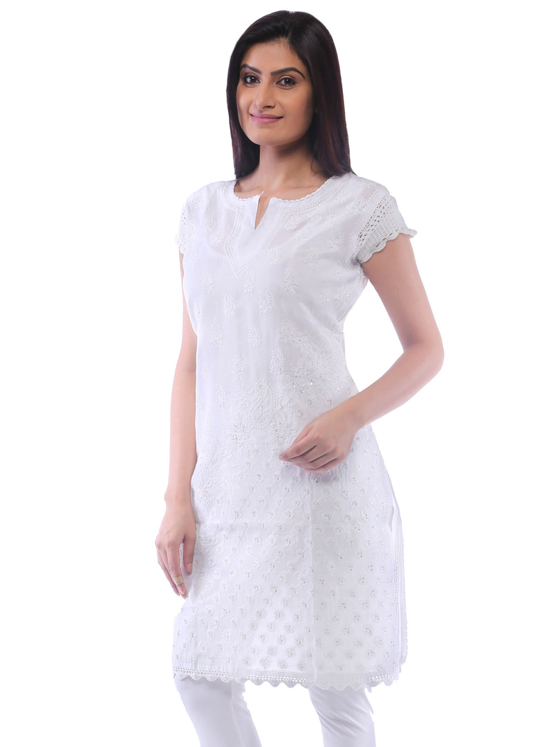 Seva Chikan Hand Embroidered White Cotton Lucknowi Chikan Kurti With Sequin Work-SCL0312