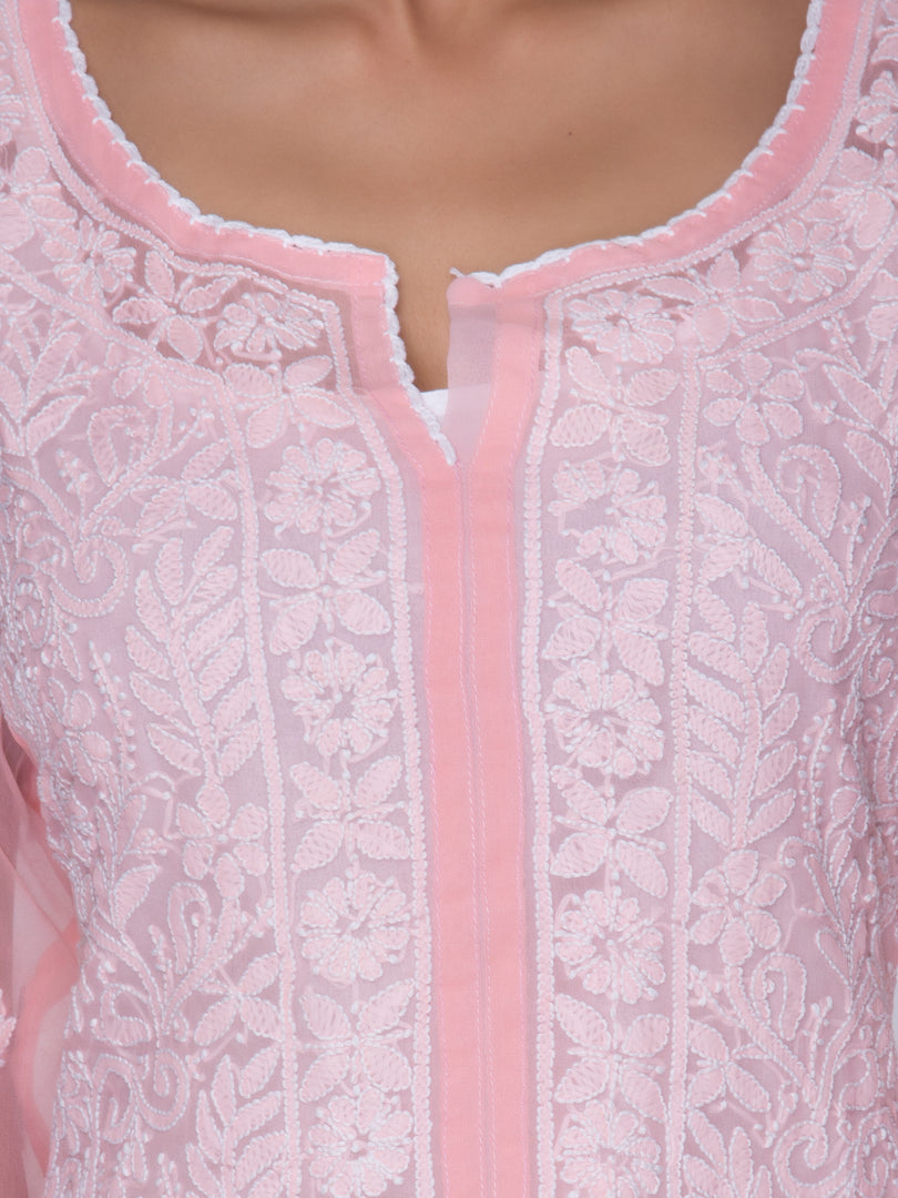 Seva Chikan Hand Embroidered Peach Georgette Lucknowi Chikan Kurti SCL1024