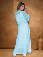 Load image into Gallery viewer, Seva Chikan Hand Embroidered Sky Blue Georgette Lucknowi Chikan Kurti With Muqaish Work SCL1064
