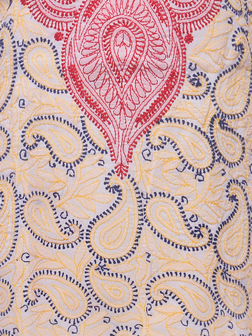 Seva Chikan Hand Embroidered White Cotton Lucknowi Chikan Unstitched Kurti Piece-SCL0105