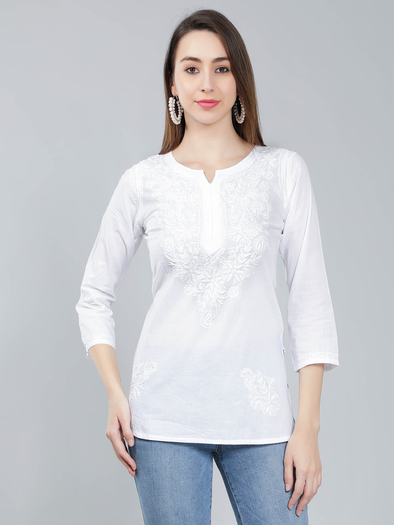 Seva Chikan Hand Embroidered White Cotton Lucknowi Chikan Top-SCL9048