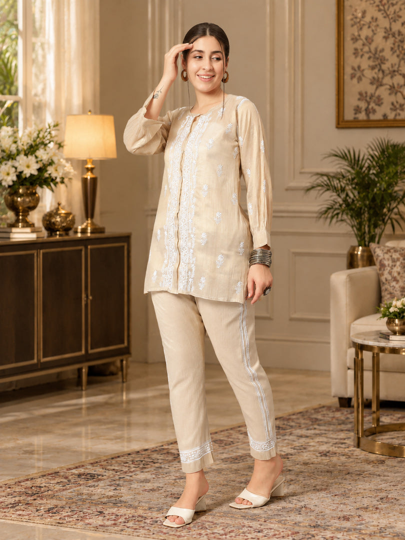 Seva Chikan Hand Embroidered Beige Tissue Lucknowi Chikankari Cord- Set SEV7000