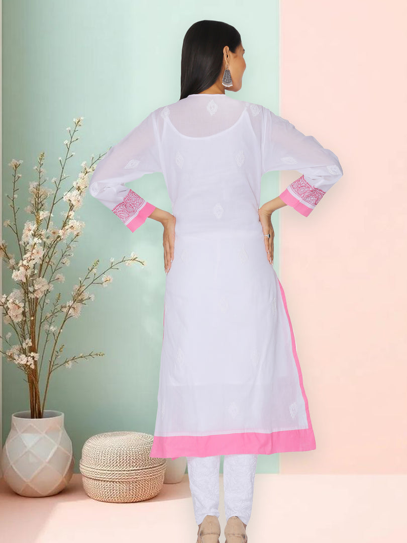 Seva Chikan Hand Embroidered White Cotton Lucknowi Chikan Kurti SCL0914