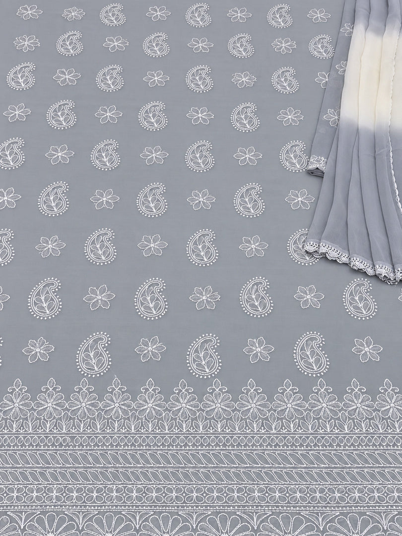 Seva Chikan Hand Embroidered Grey Cotton Lucknowi Chikankari Unstitched Suit Piece-SEV15049