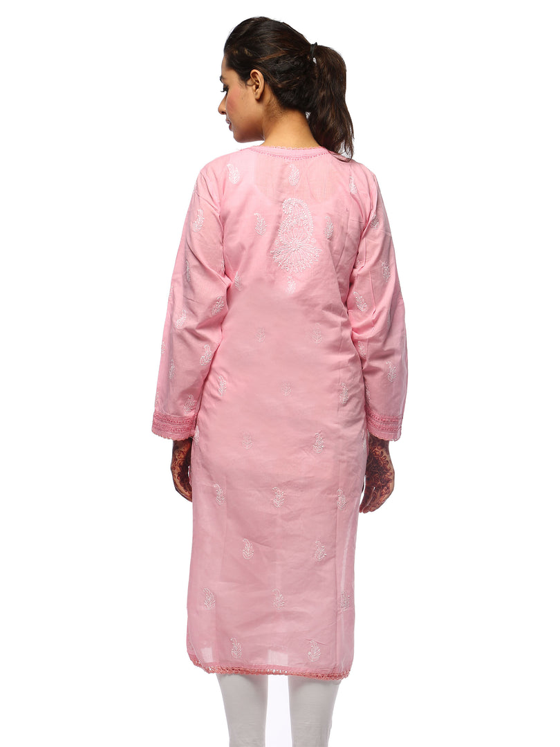 Seva Chikan Hand Embroidered Pink Cotton Lucknowi Chikan Kurti-SCL0606