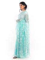 Load image into Gallery viewer, Seva Chikan Hand Embroidered Turquoise Georgette Lucknowi Saree-SCL1169
