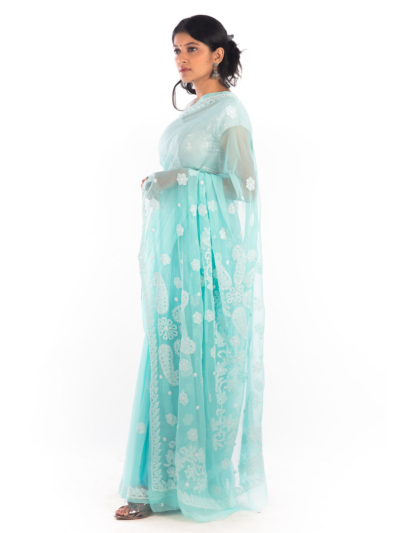 Seva Chikan Hand Embroidered Turquoise Georgette Lucknowi Saree-SCL1169