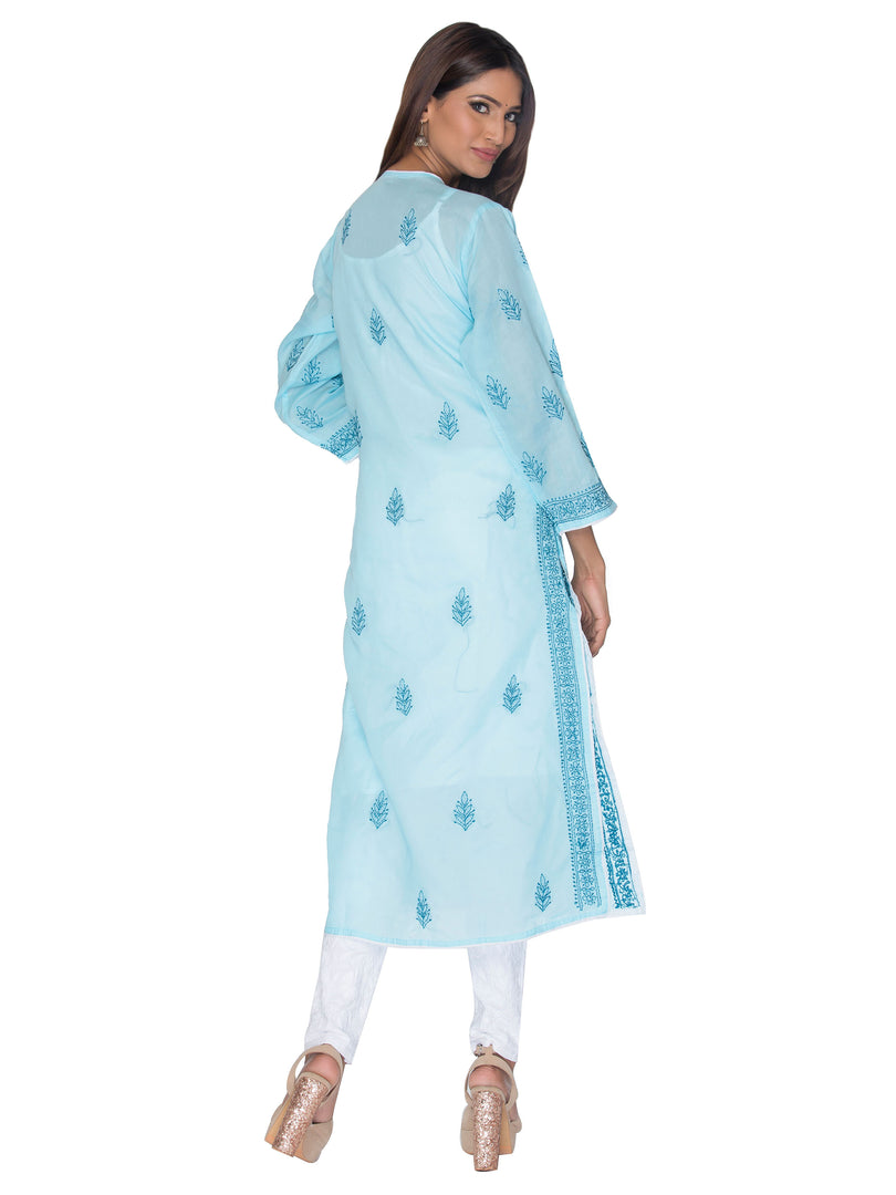 Seva Chikan Hand Embroidered Sky Blue Cotton Lucknowi Chikan Kurta-SCL0898