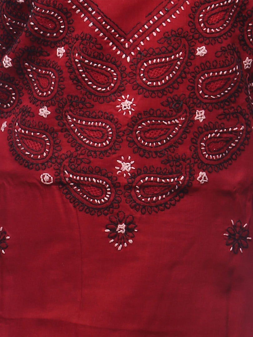 Seva Chikan Hand Embroidered Red Cotton Lucknowi Chikankari Unstitched Suit Piece-SCL0020