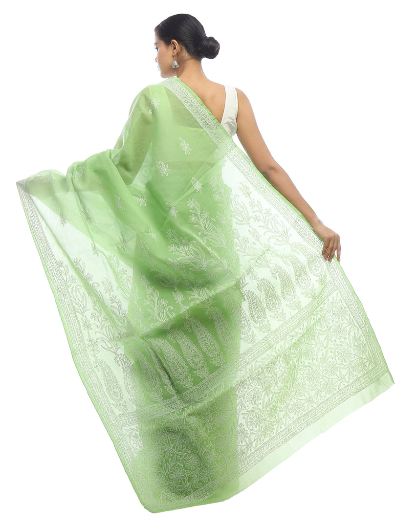 Seva Chikan Hand Embroidered Green Cotton Lucknowi Saree-SCL2326