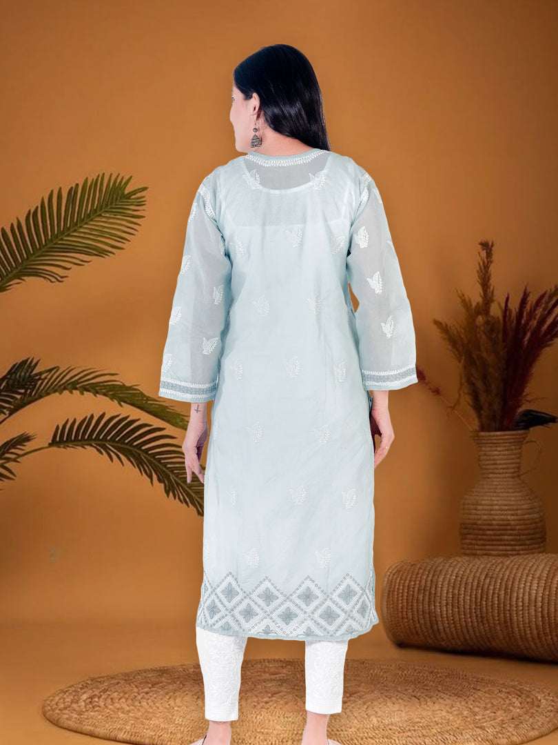 Seva Chikan Hand Embroidered Grey Cotton Lucknowi Chikan Kurti SCL1217