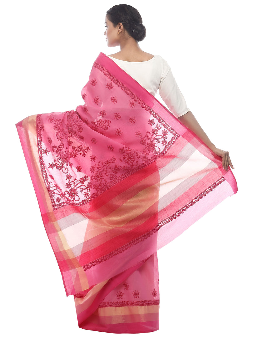 Seva Chikan Hand Embroidered Magenta Cotton Lucknowi Saree-SCL2482