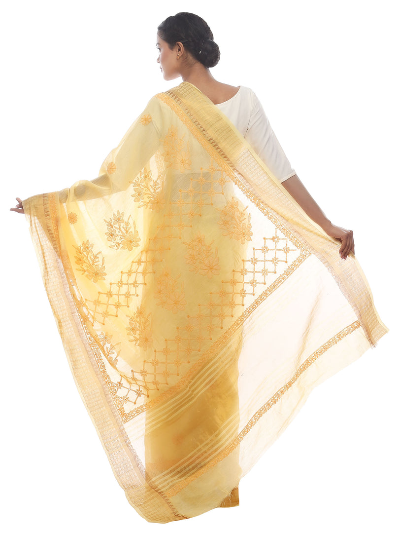 Seva Chikan Hand Embroidered Yellow Cotton Lucknowi Saree-SCL2490