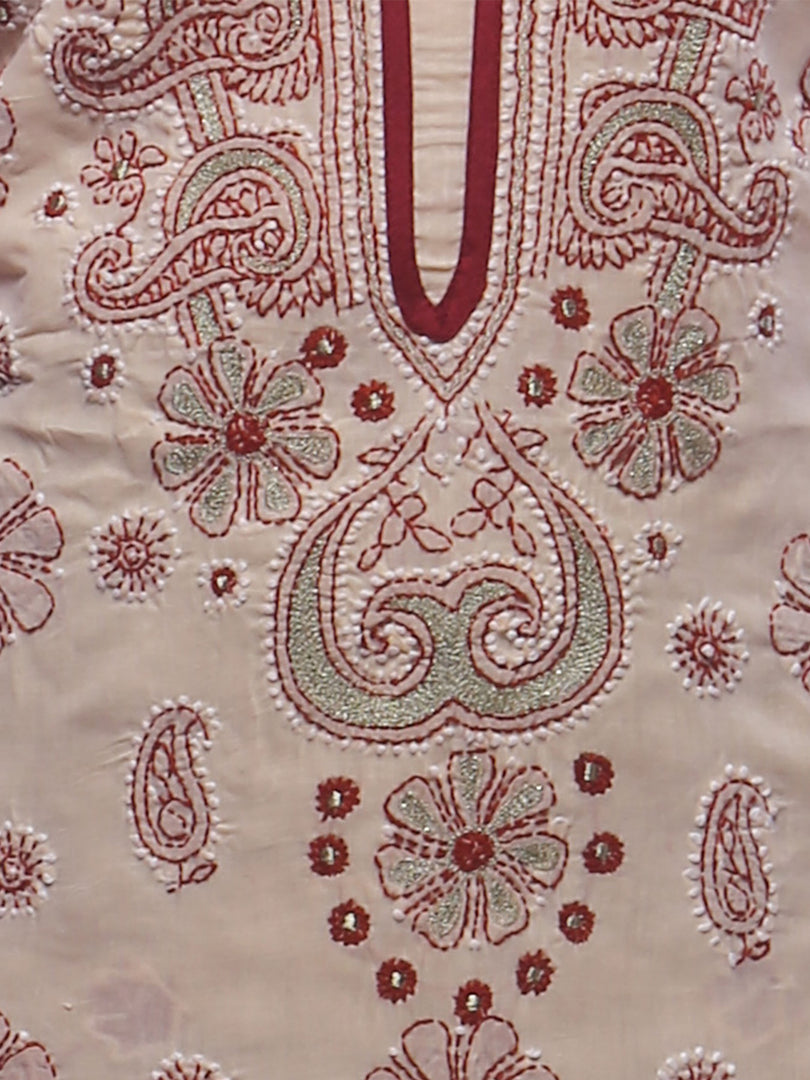 Seva Chikan Hand Embroidered Beige Cotton Lucknowi Chikankari Unstitched Suit Piece-SCL0028