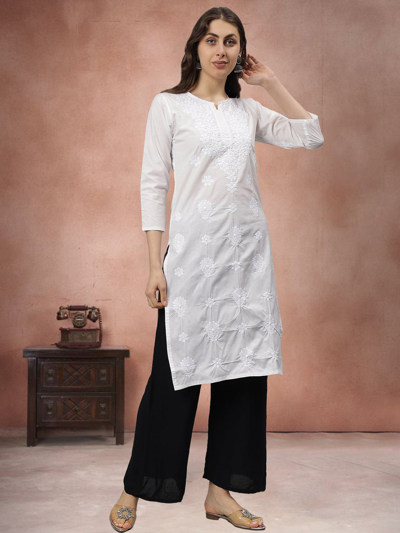 Seva Chikan Embroidered White Cotton Lucknowi Chikankari Kurta SCL4710