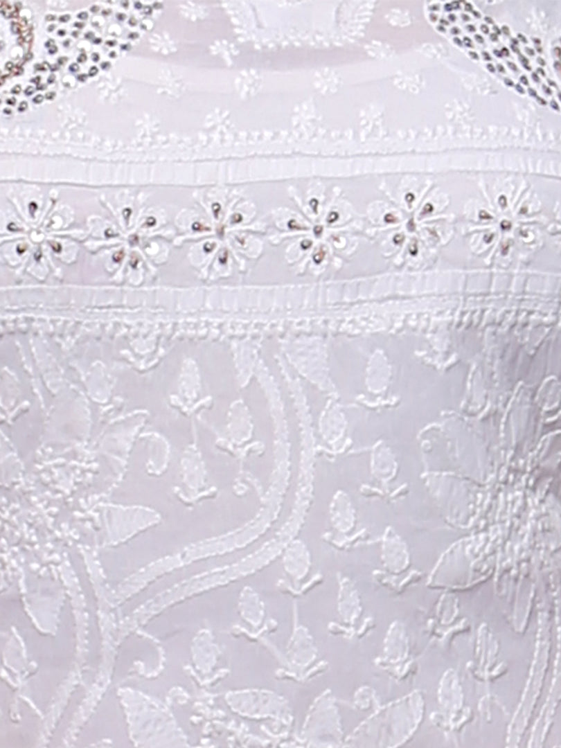 Seva Chikan Hand Embroidered White Cotton Lucknowi Chikan Kurti-SCL0291