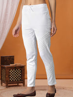 Load image into Gallery viewer, Seva Chikan Hand Embroidered White Lycra Lucknawi Chikankari Pant-SCL11022