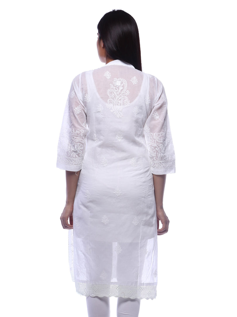 Seva Chikan Hand Embroidered White Cotton Lucknowi Chikan Kurti-SCL0293