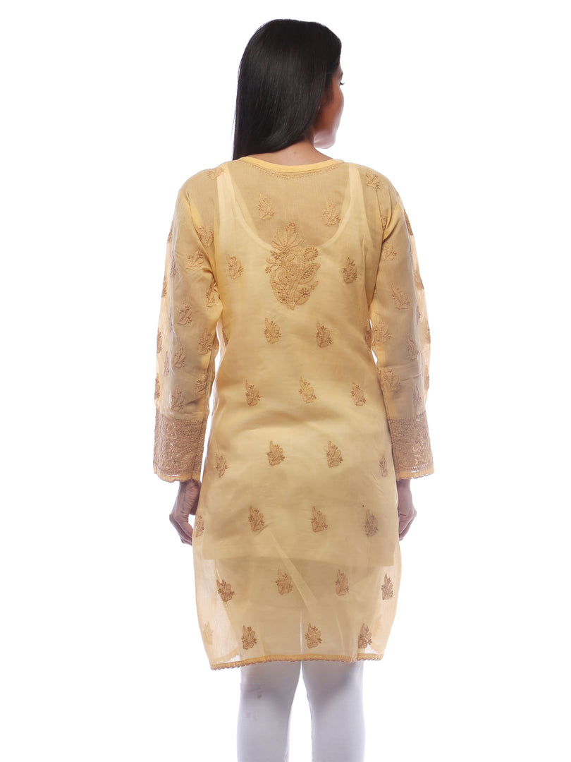 Seva Chikan Hand Embroidered Mustard Cotton Lucknowi Chikan Kurti-SCL0296