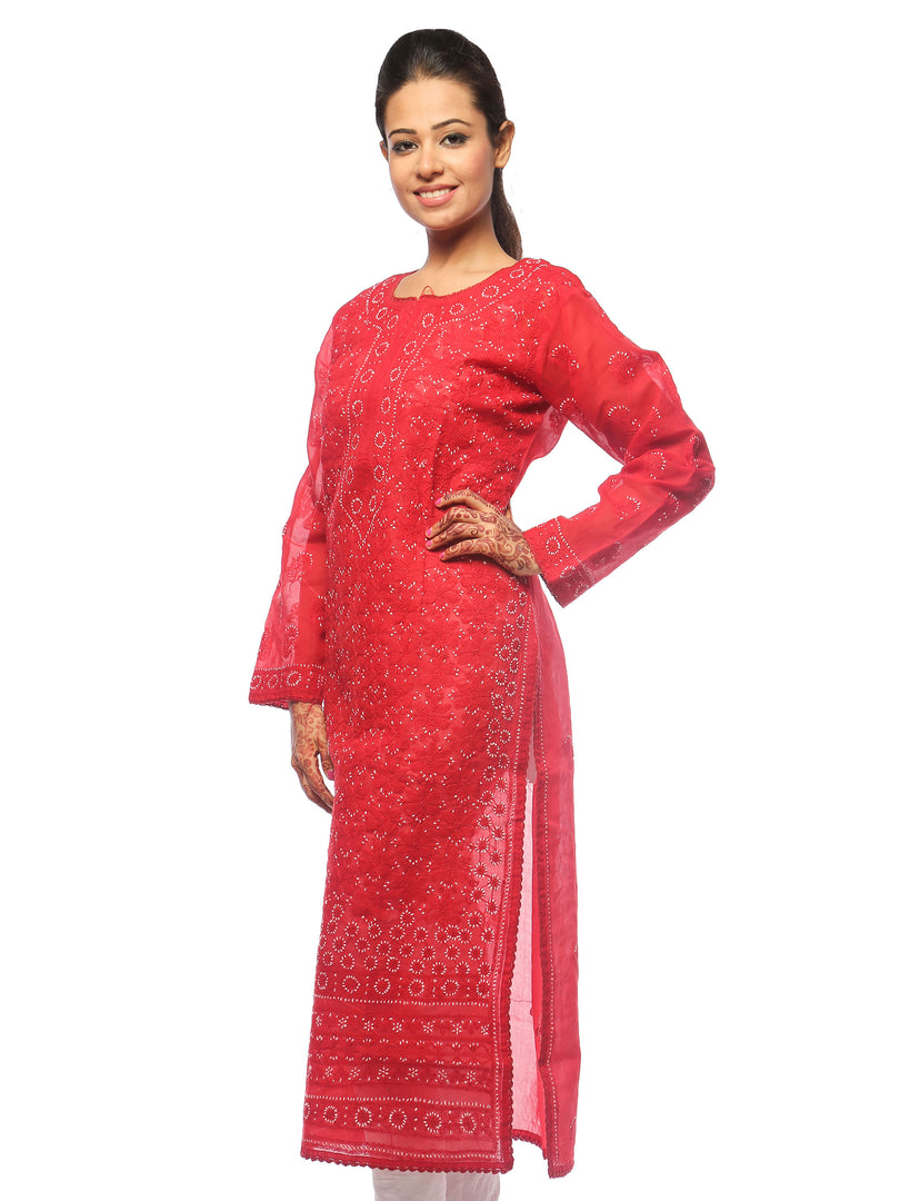 Seva Chikan Hand Embroidered Red Cotton Lucknowi Chikan Kurta-SCL0635